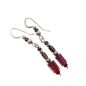 925 Sterling Silver Dangle Drop Earrings Lamp Work Czech Cane Glass Eggplant